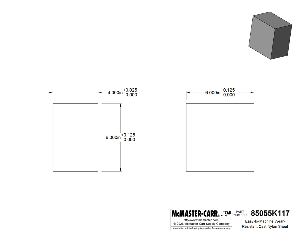 Technical Drawing of Easy-to-Machine Wear-Resistant Cast Nylon Sheet, 6" x 6" x 4".